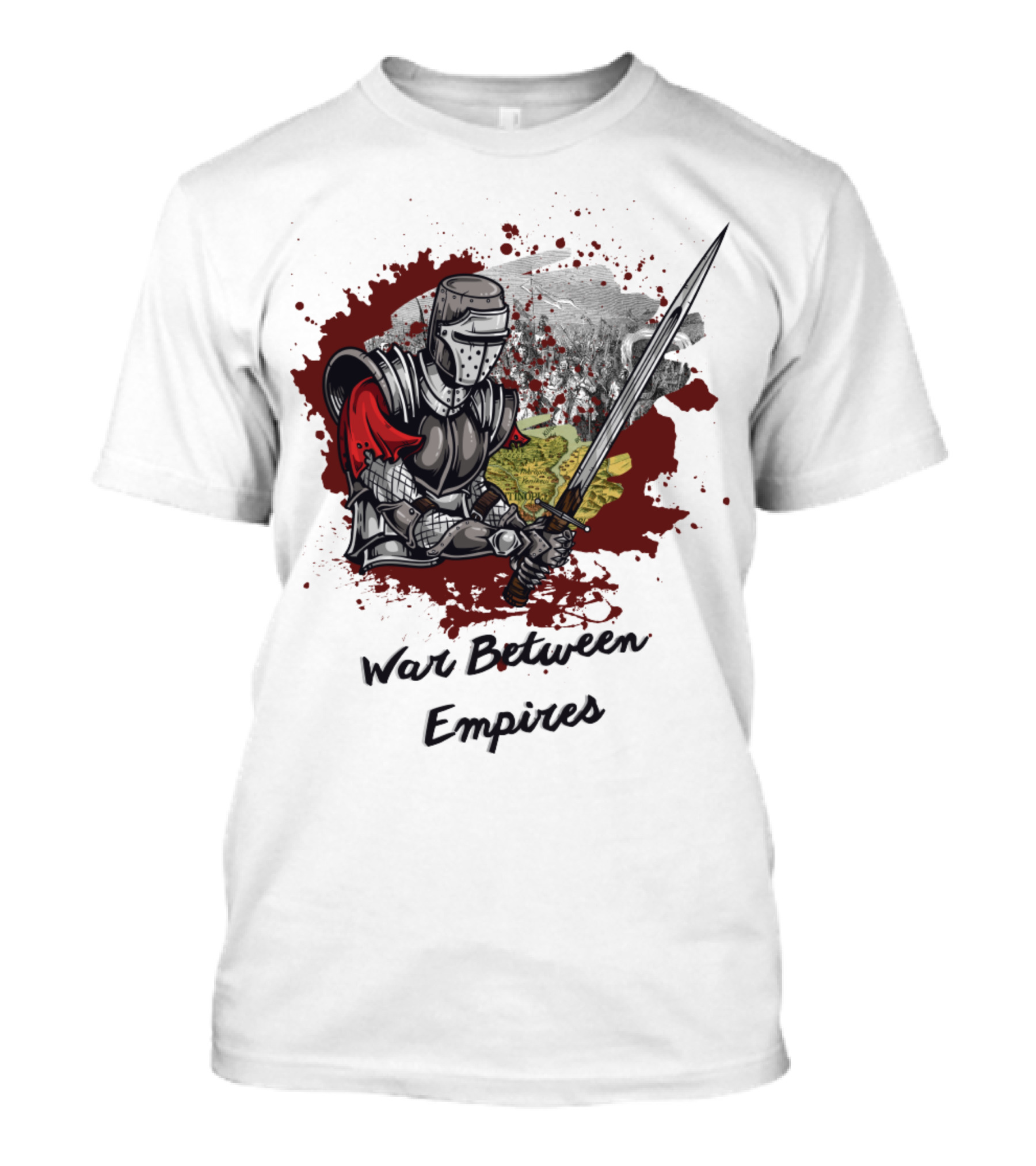 War Between Empires Medieval Knight Sword Battle Map Background T-Shirt