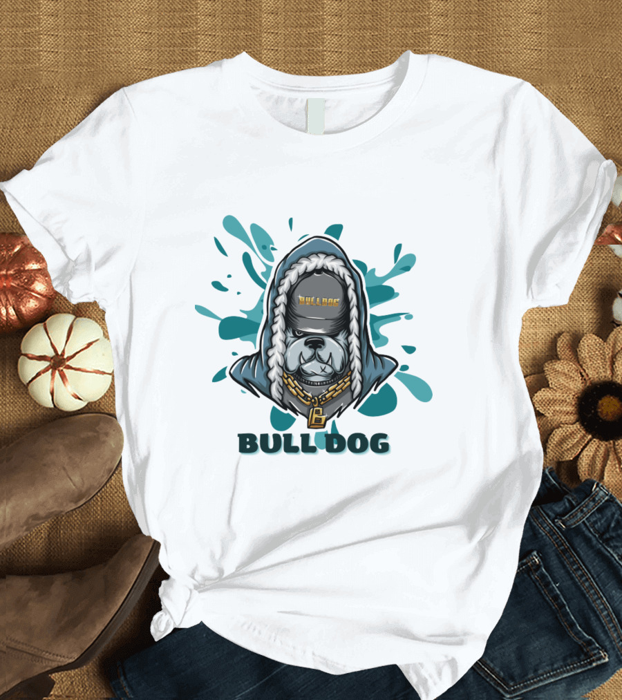 BULL DOG Hip Hop Style Hoodie With Chains And Splatter Background T-Shirt