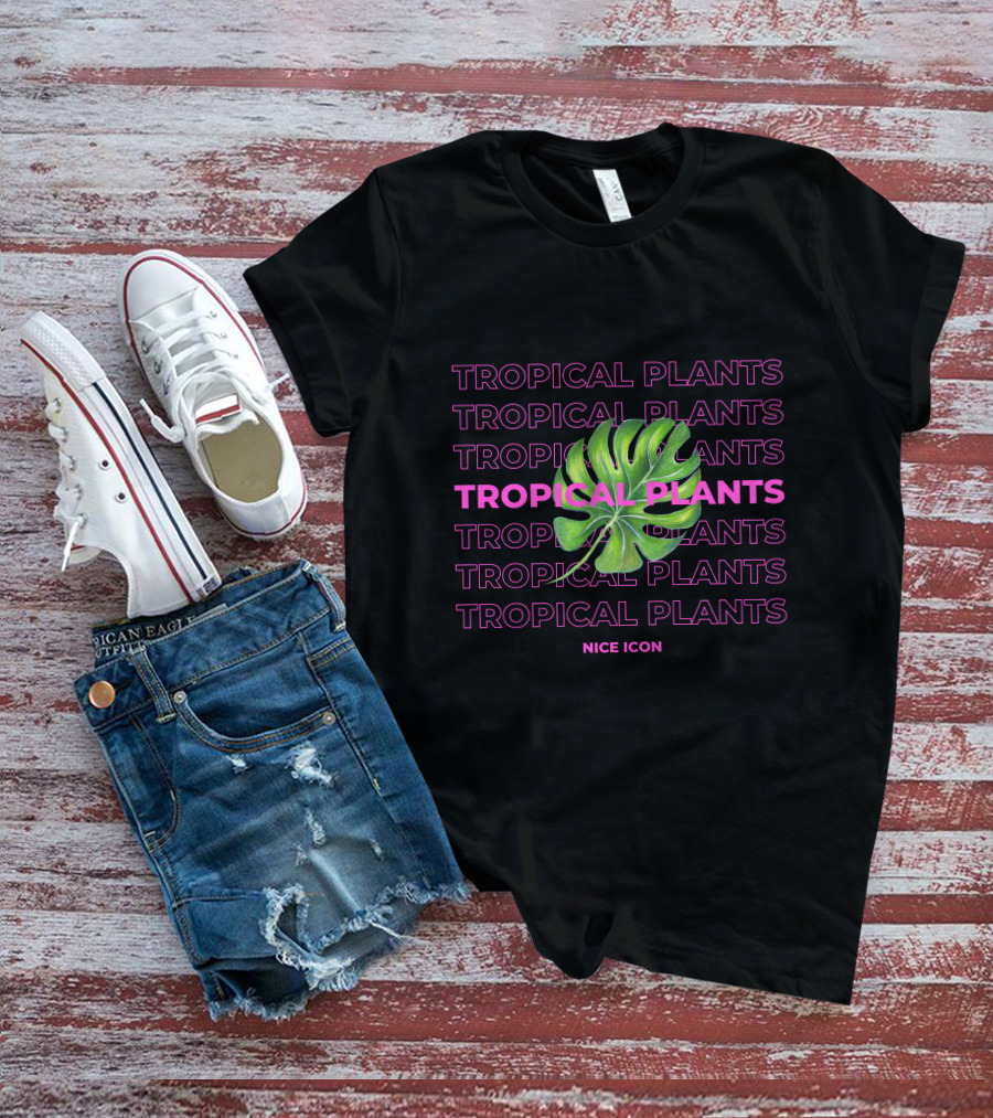 Tropical Plants Nice Icon Monstera Leaf Repeated Text T-Shirt