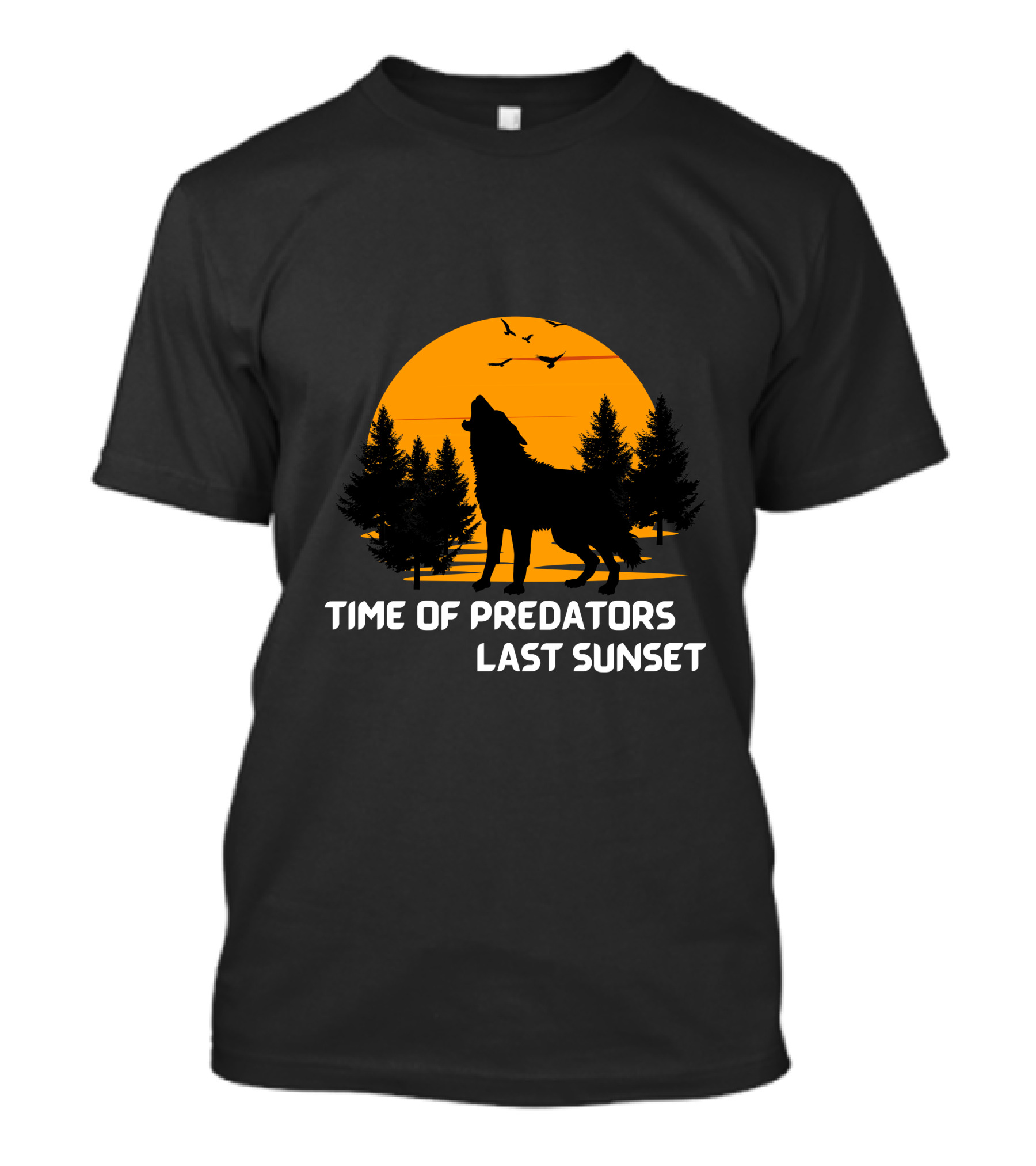 Time Of Predators Last Sunset Wolf Silhouette Against Orange Sky With Trees And Birds T-Shirt