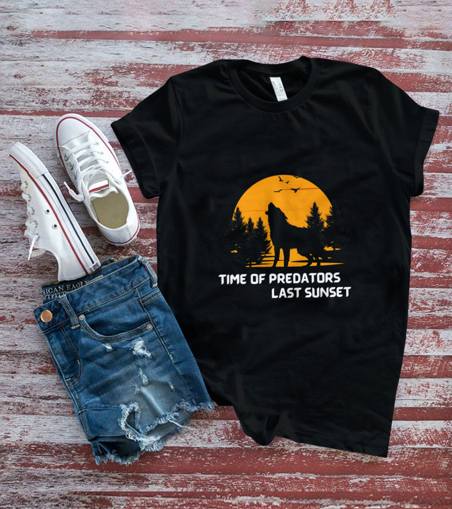 Time Of Predators Last Sunset Wolf Silhouette Against Orange Sky With Trees And Birds T-Shirt