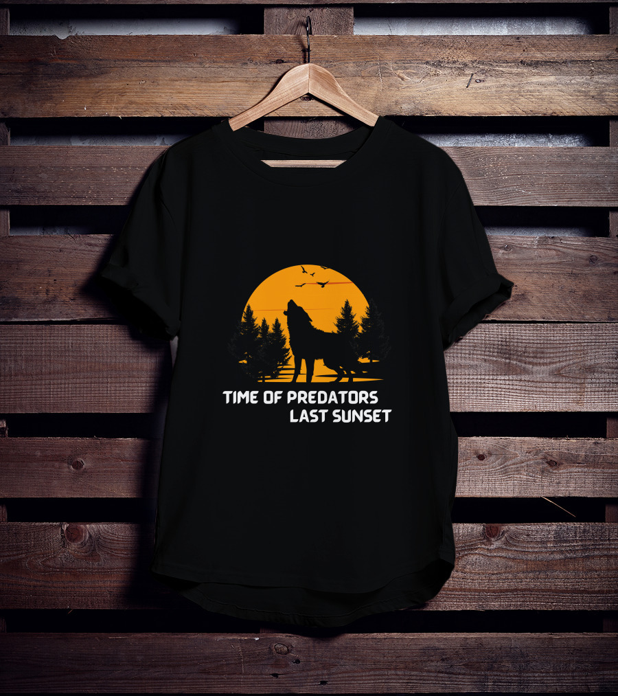 Time Of Predators Last Sunset Wolf Silhouette Against Orange Sky With Trees And Birds T-Shirt