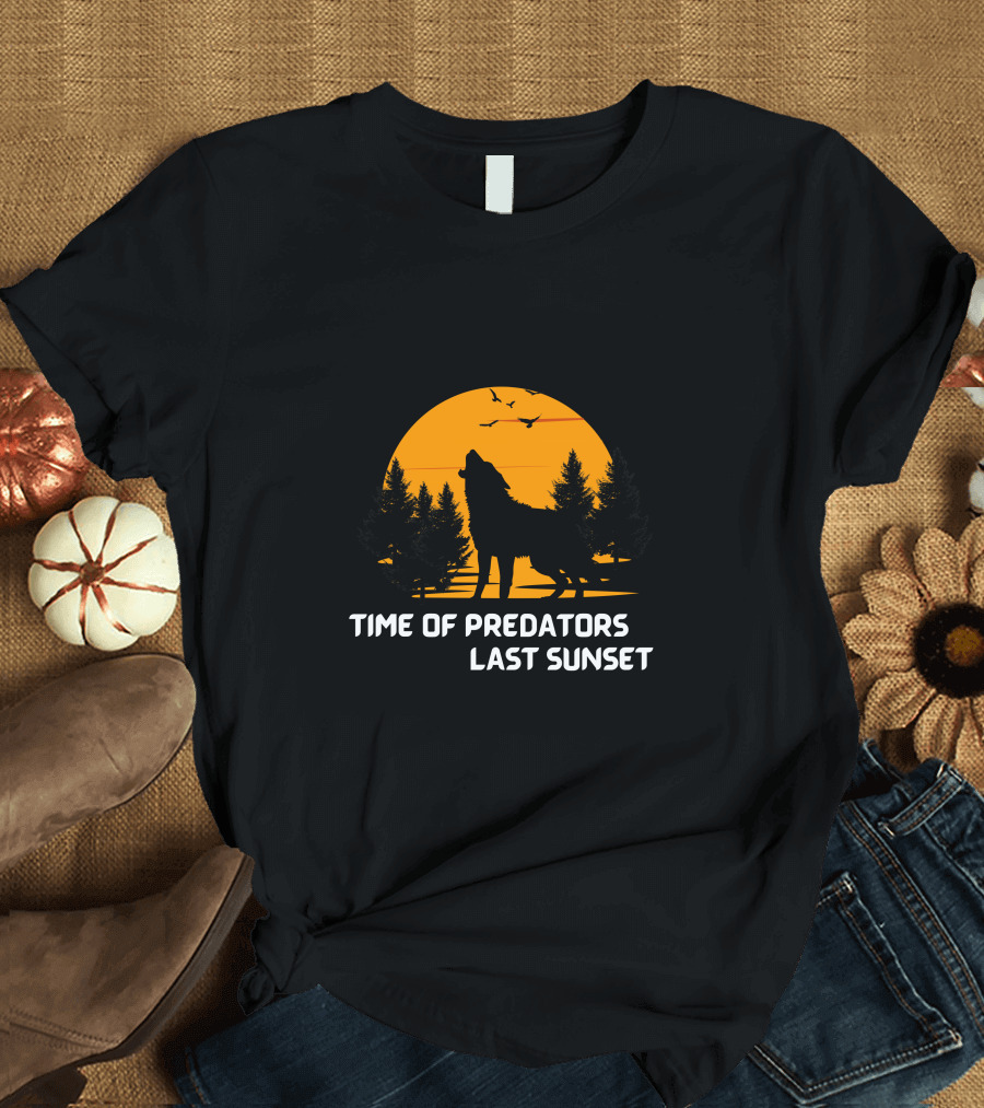 Time Of Predators Last Sunset Wolf Silhouette Against Orange Sky With Trees And Birds T-Shirt