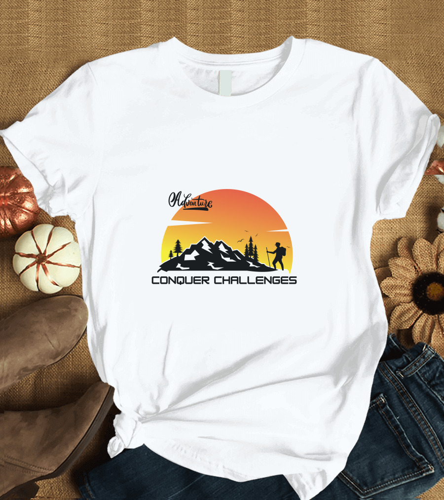 Adventure Conquer Challenges Mountain Hiking Silhouette Sunset Scene T-Shirt