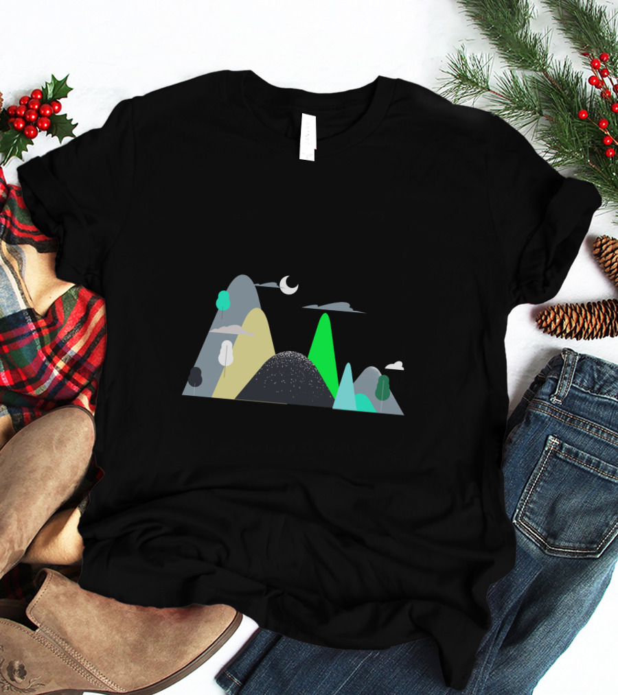 Mountains Moon Night Scene With Trees And Clouds T-Shirt