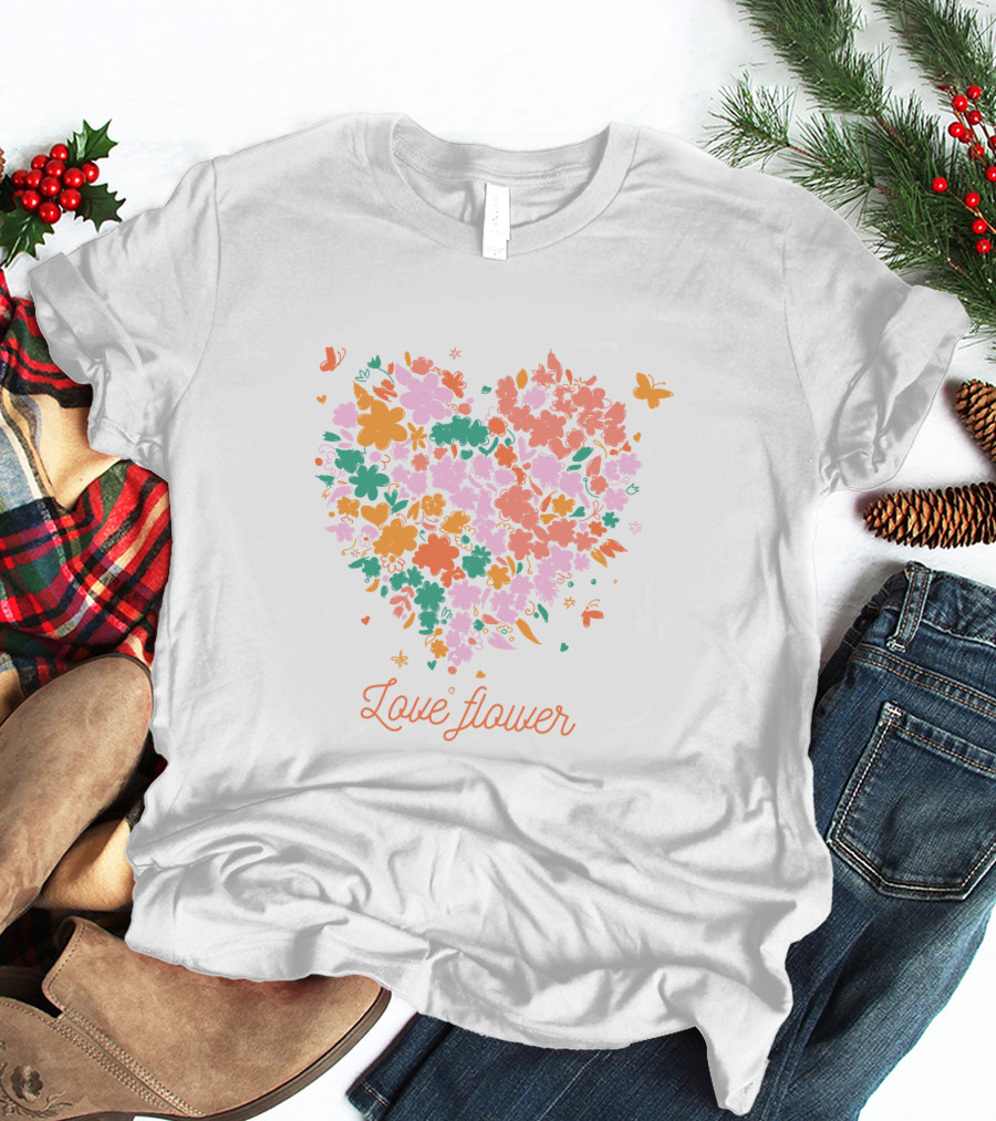 Love Flower Heart With Colorful Floral Pattern And Butterflies T-Shirt
