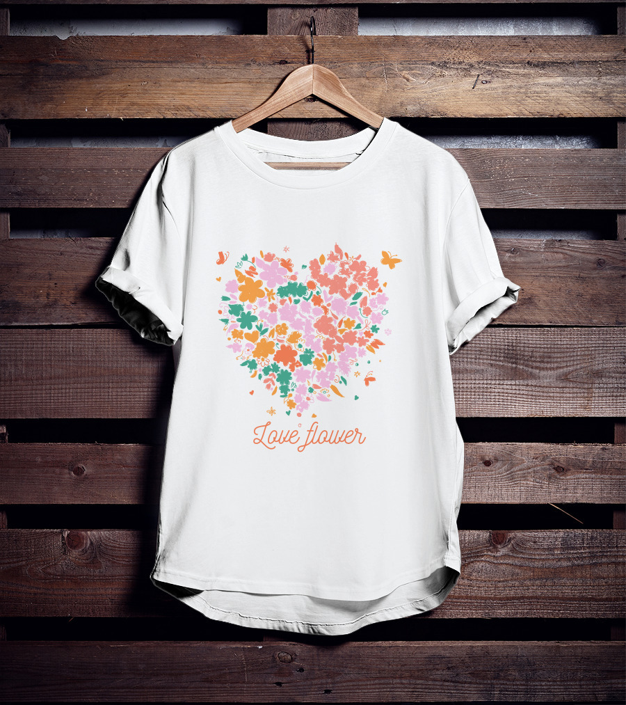 Love Flower Heart With Colorful Floral Pattern And Butterflies T-Shirt