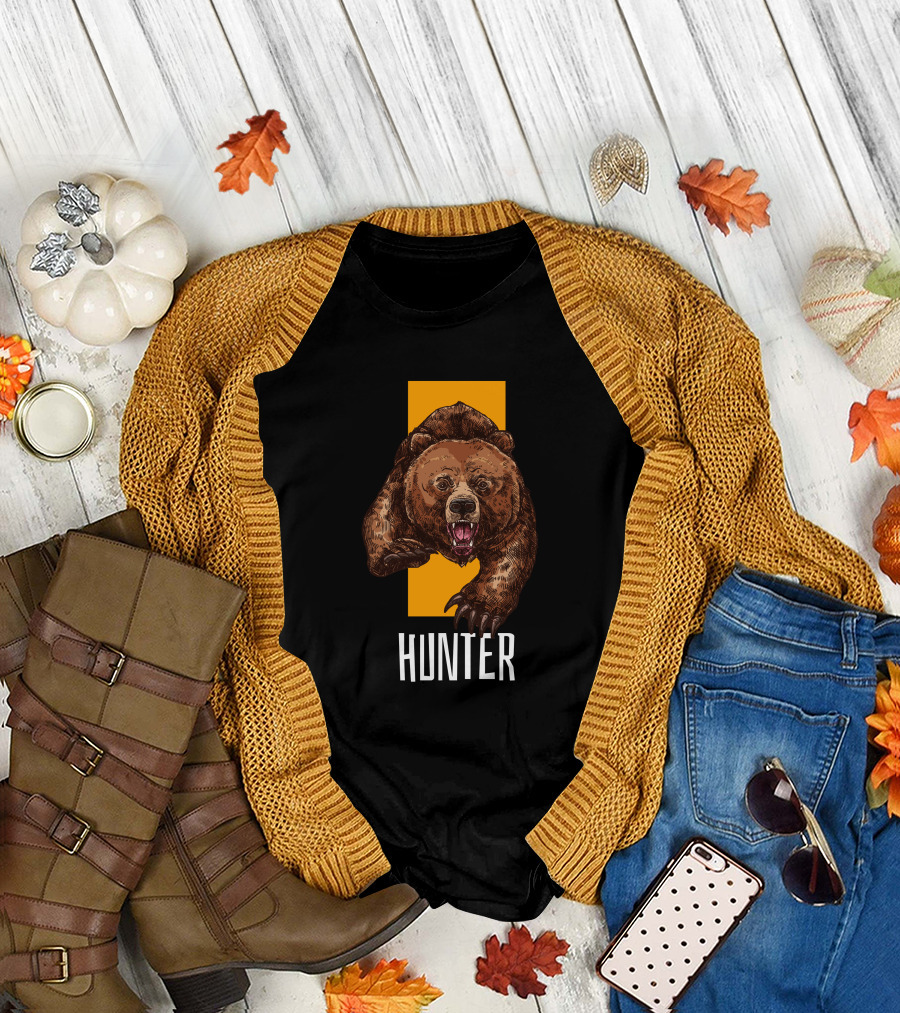 Hunter Bear With Aggressive Roar On Vertical Yellow Stripe T-Shirt