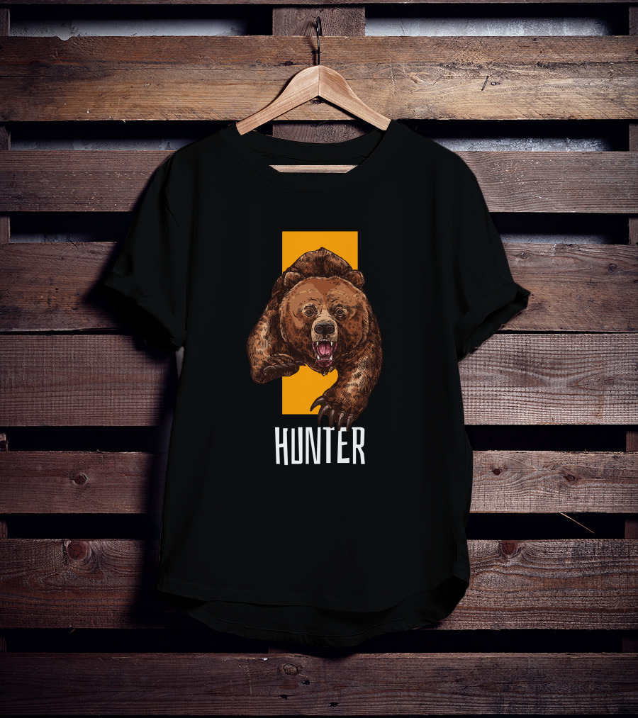 Hunter Bear With Aggressive Roar On Vertical Yellow Stripe T-Shirt