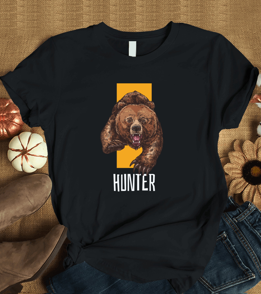 Hunter Bear With Aggressive Roar On Vertical Yellow Stripe T-Shirt