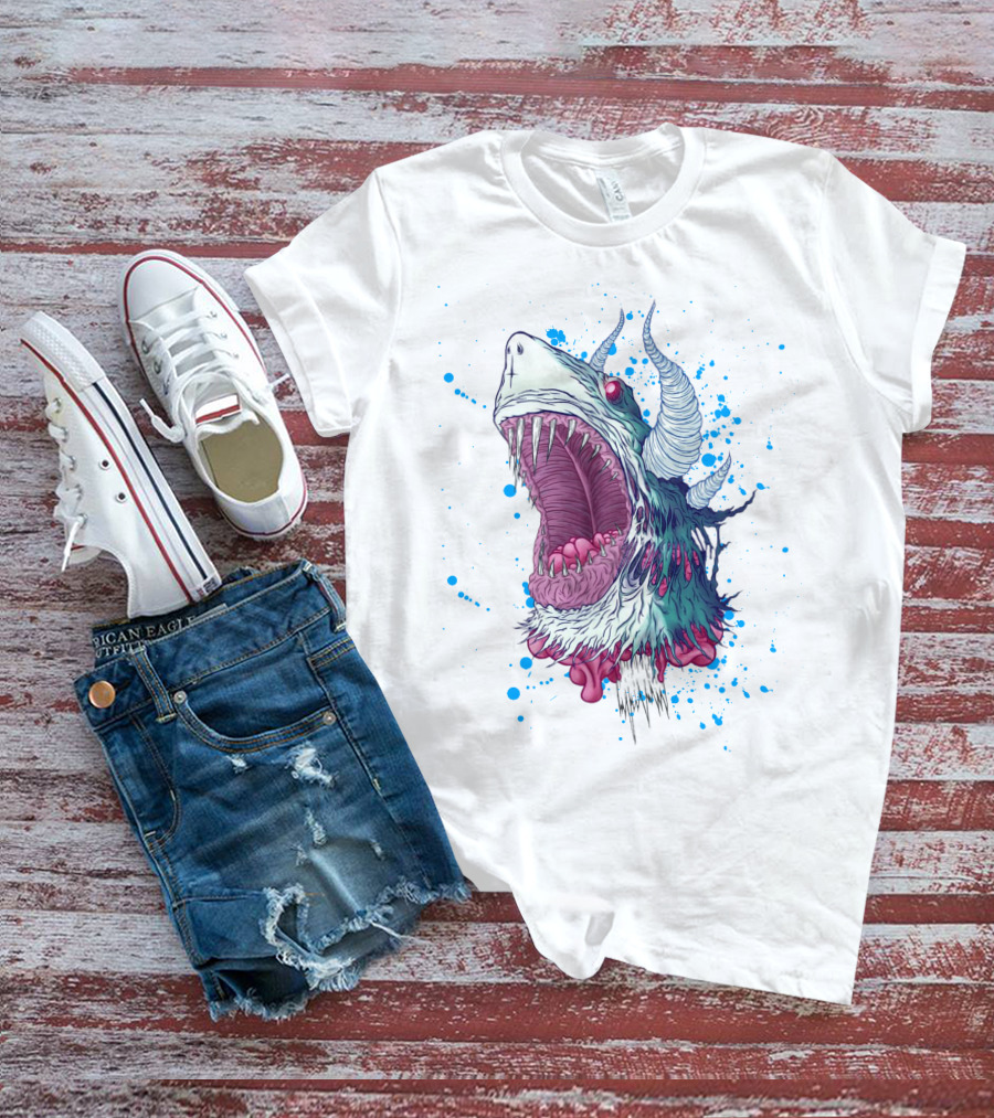Monster Shark Scream With Horns And Splatter T-Shirt