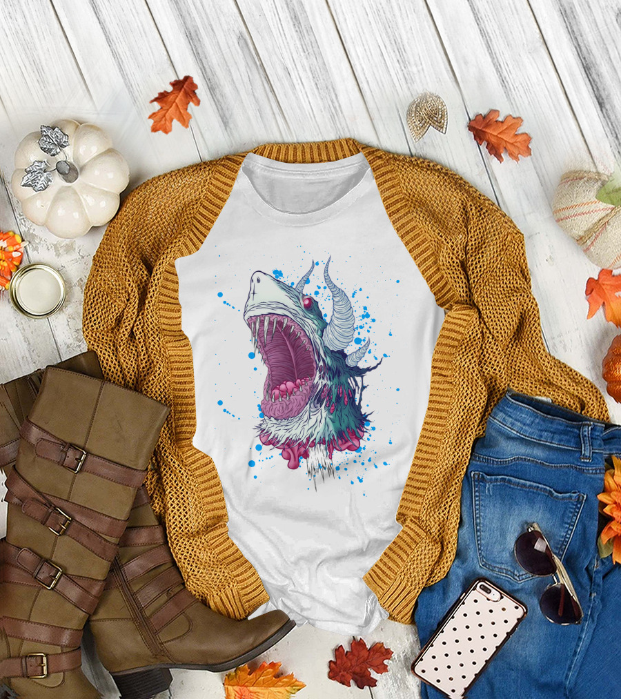 Monster Shark Scream With Horns And Splatter T-Shirt