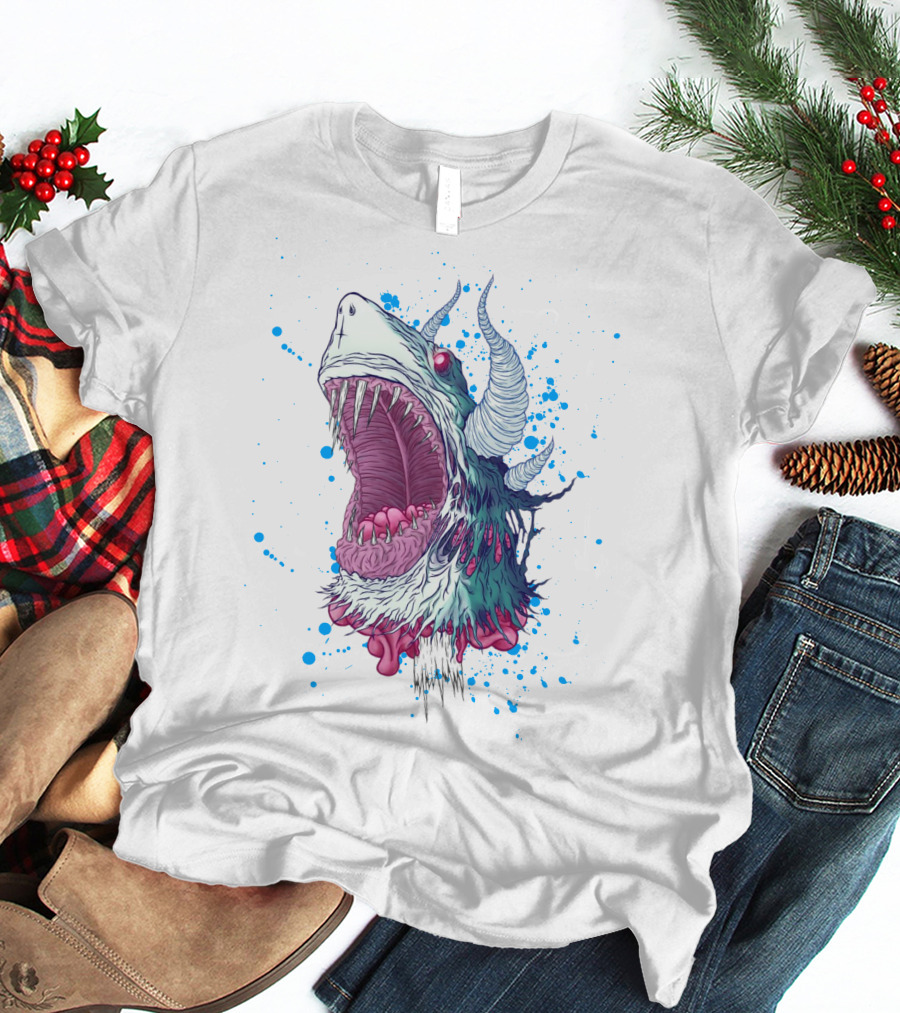 Monster Shark Scream With Horns And Splatter T-Shirt