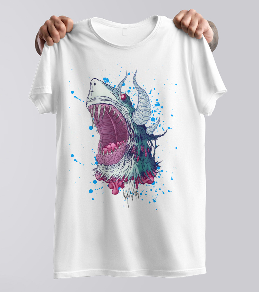 Monster Shark Scream With Horns And Splatter T-Shirt