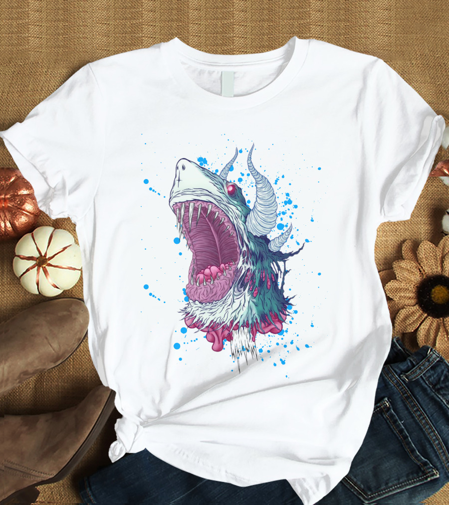 Monster Shark Scream With Horns And Splatter T-Shirt