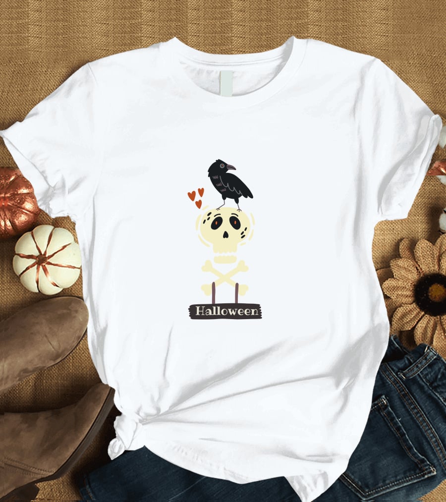 Halloween Skeleton Skull With Raven And Hearts T-Shirt