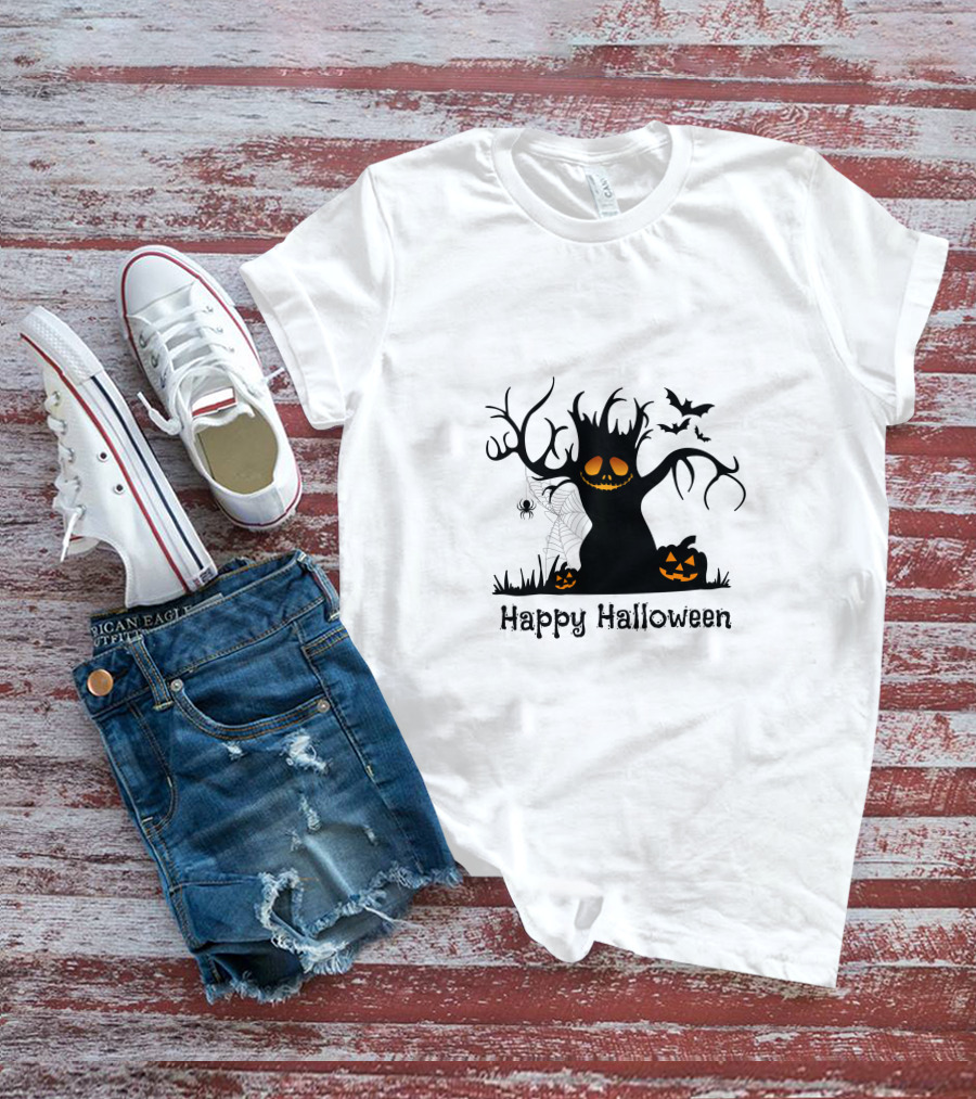 Happy Halloween Tree With Pumpkins, Bats, And Spiderweb T-Shirt
