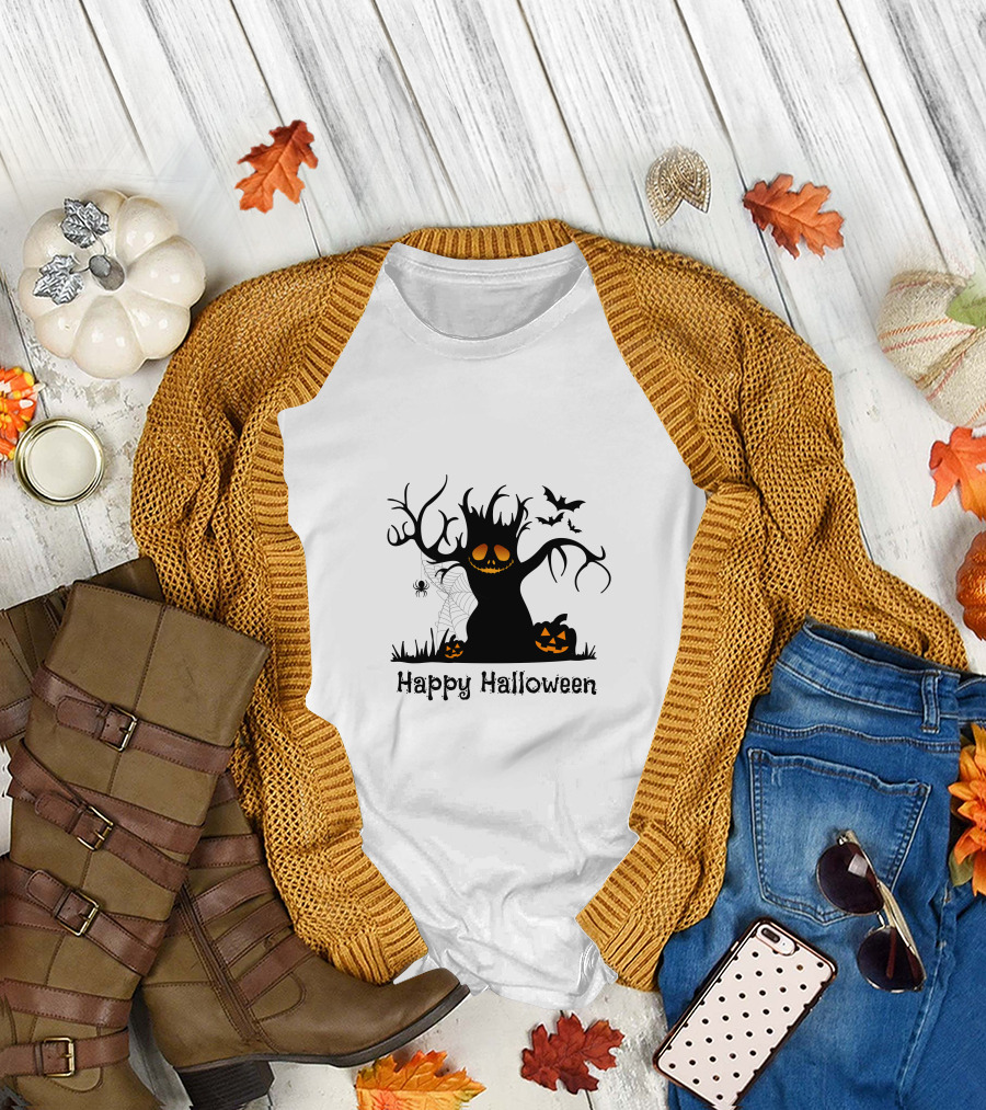 Happy Halloween Tree With Pumpkins, Bats, And Spiderweb T-Shirt