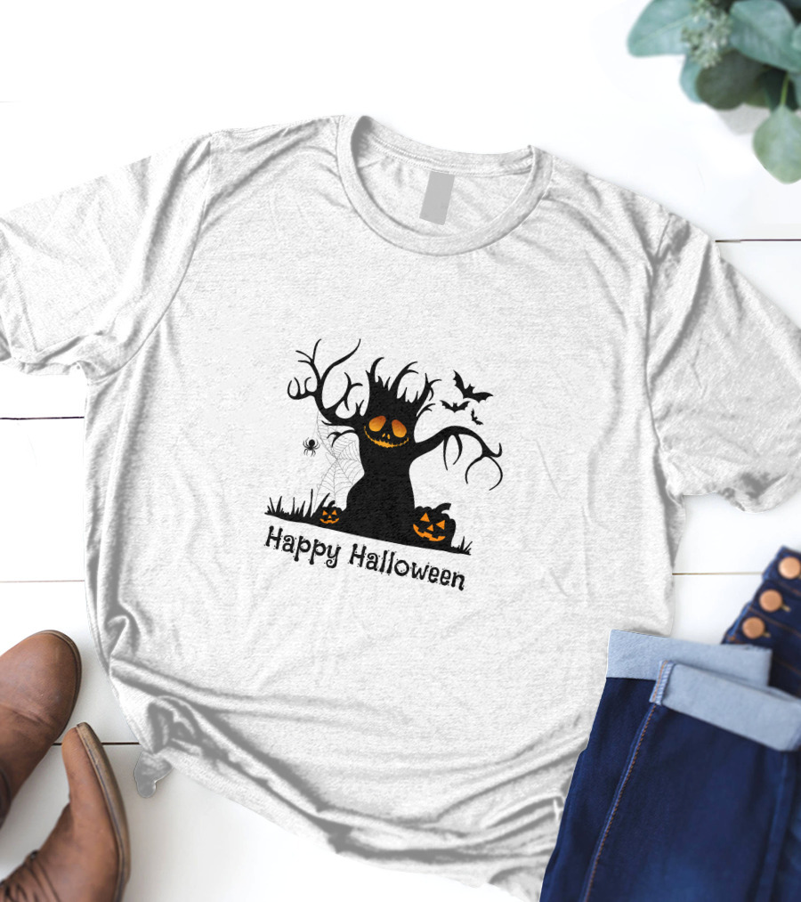 Happy Halloween Tree With Pumpkins, Bats, And Spiderweb T-Shirt