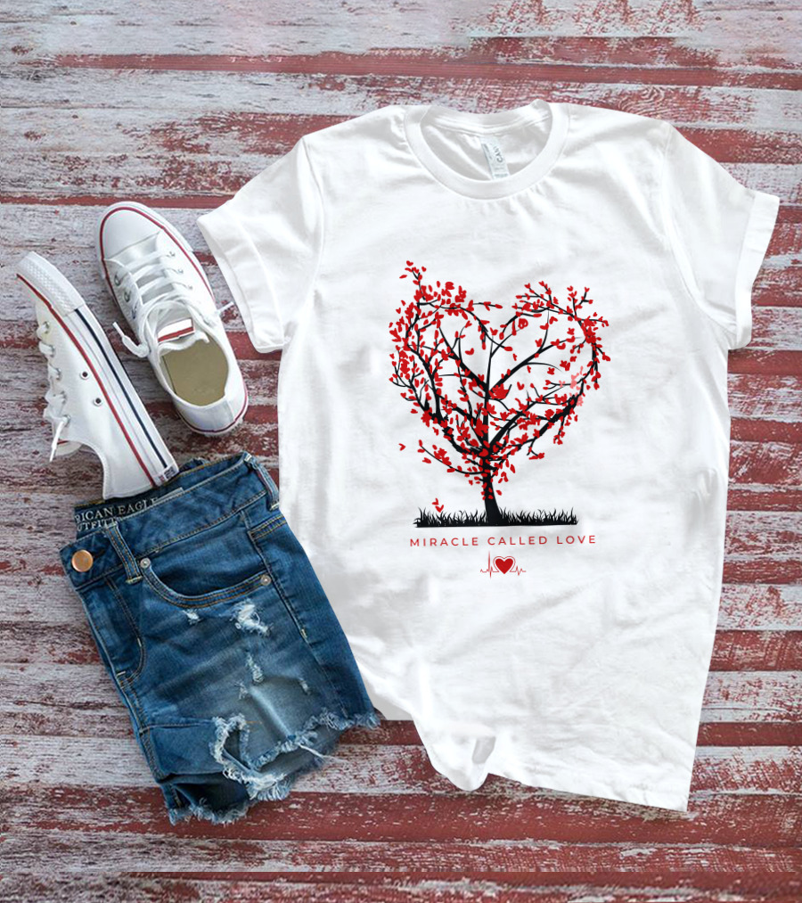Miracle Called Love Heart-Shaped Tree With Red Leaves And Heartbeat T-Shirt