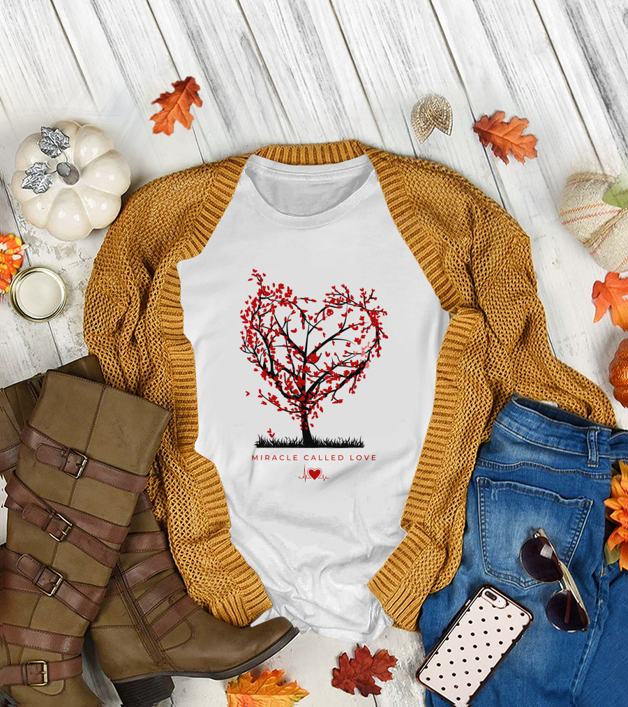 Miracle Called Love Heart-Shaped Tree With Red Leaves And Heartbeat T-Shirt