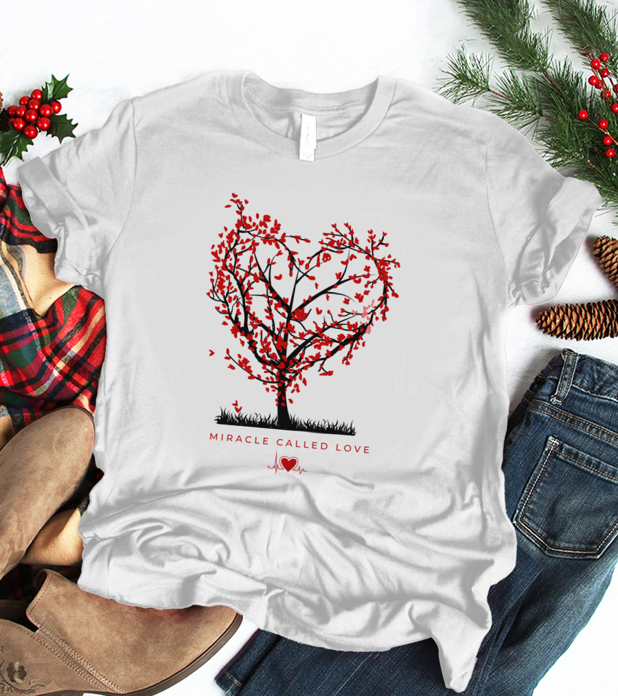 Miracle Called Love Heart-Shaped Tree With Red Leaves And Heartbeat T-Shirt