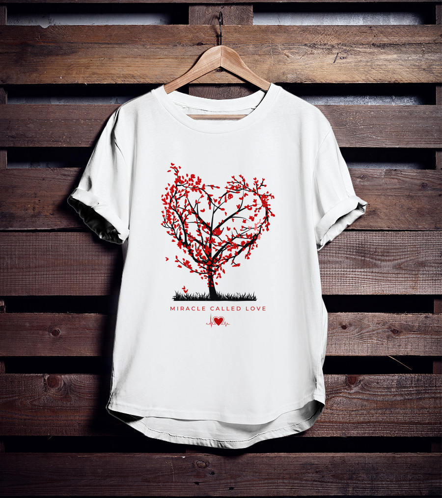 Miracle Called Love Heart-Shaped Tree With Red Leaves And Heartbeat T-Shirt