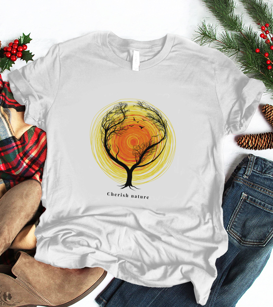 Cherish Nature Tree Silhouette With Birds And Vibrant Spiral Sun T-Shirt