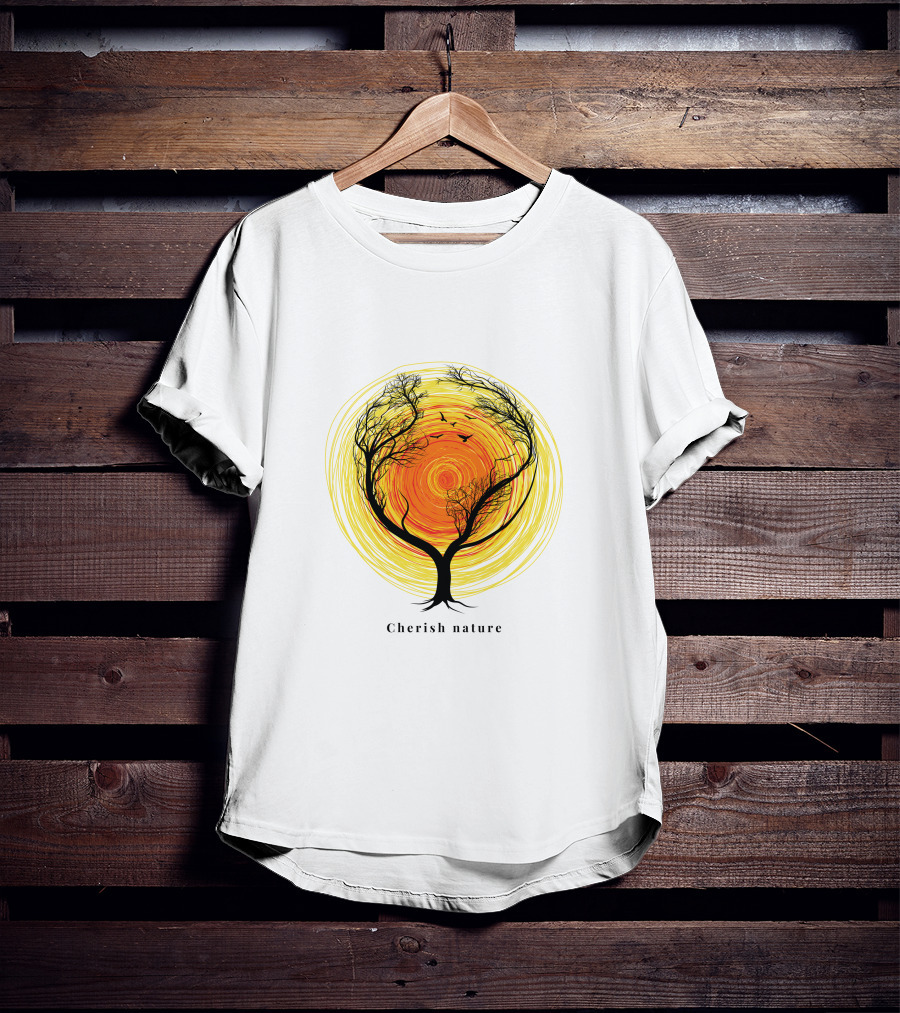 Cherish Nature Tree Silhouette With Birds And Vibrant Spiral Sun T-Shirt