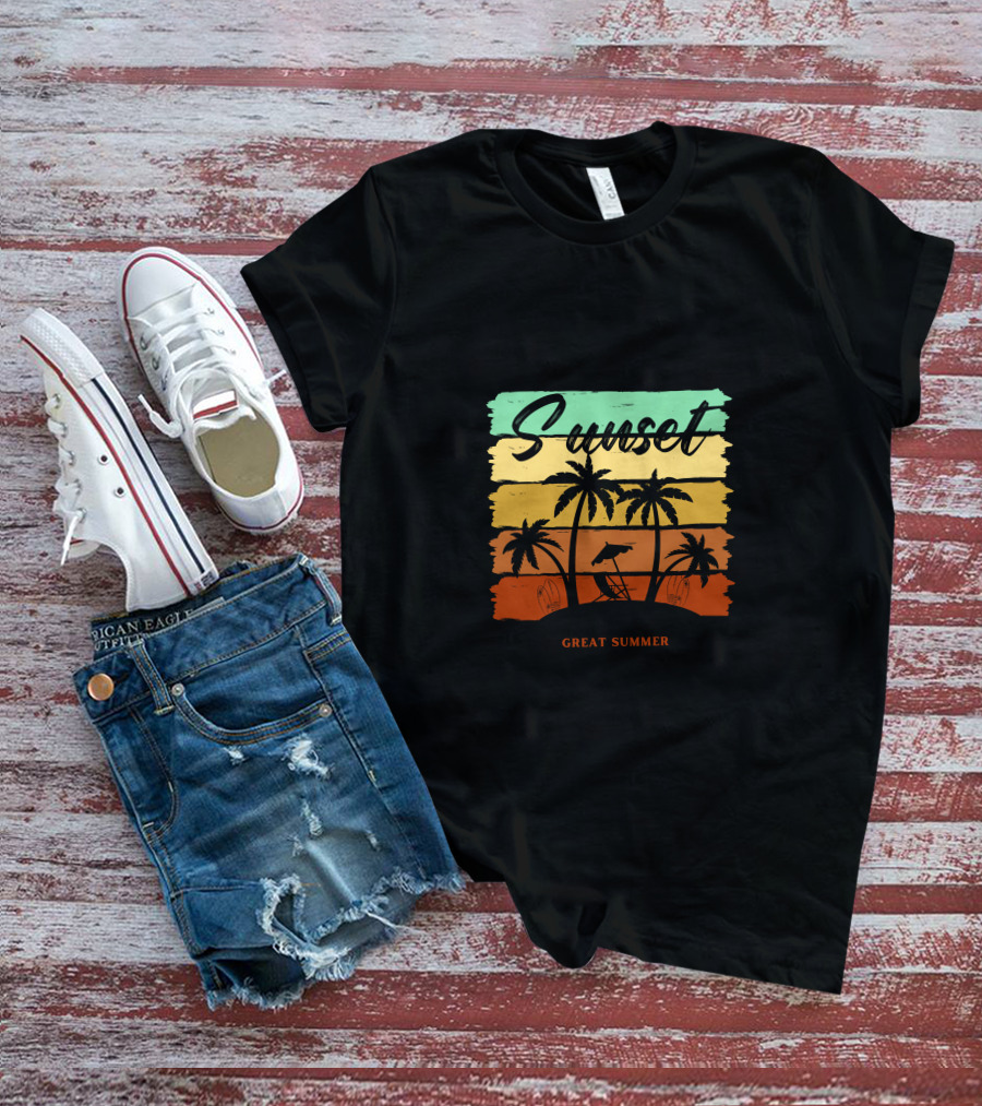 Sunset Great Summer Palm Trees Beach Scene T-Shirt
