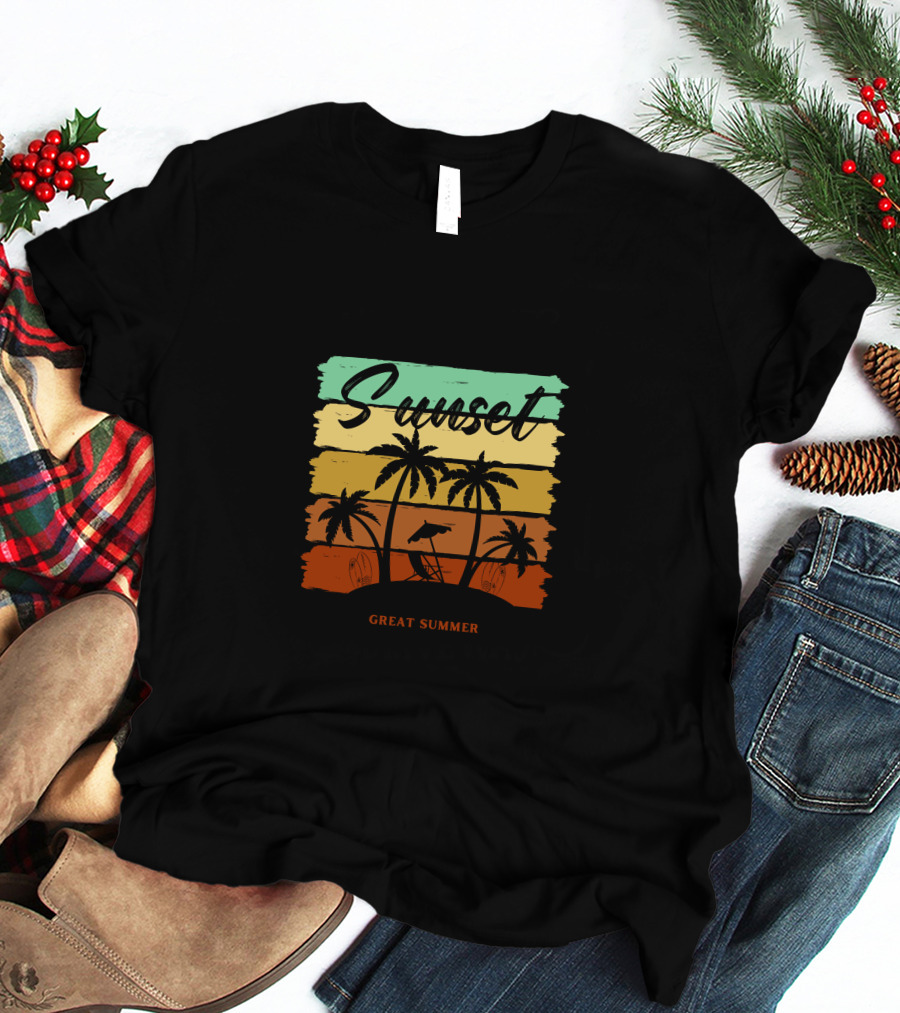 Sunset Great Summer Palm Trees Beach Scene T-Shirt