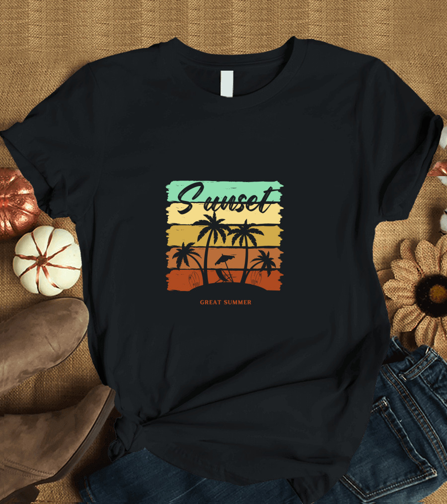 Sunset Great Summer Palm Trees Beach Scene T-Shirt