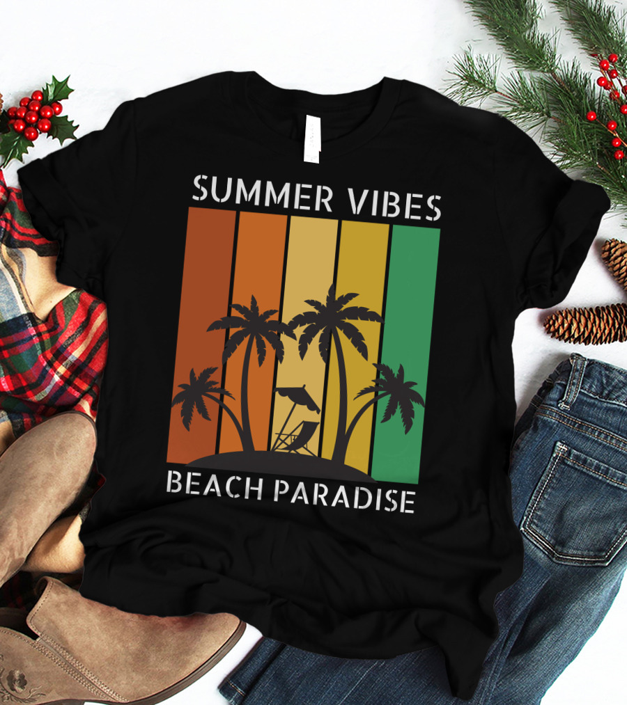 SUMMER VIBES BEACH PARADISE Palm Trees And Lounge Chair On Sunset Stripes T-Shirt