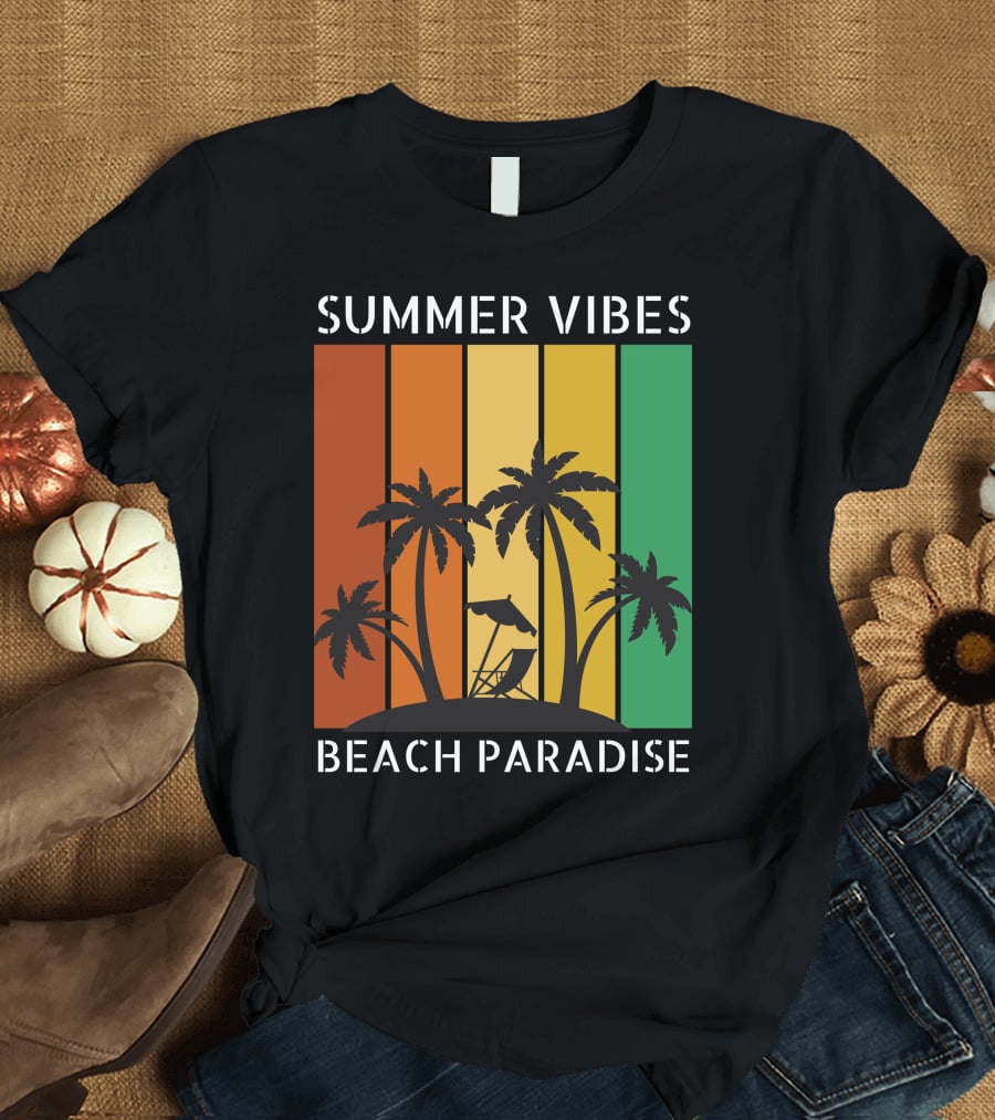 SUMMER VIBES BEACH PARADISE Palm Trees And Lounge Chair On Sunset Stripes T-Shirt