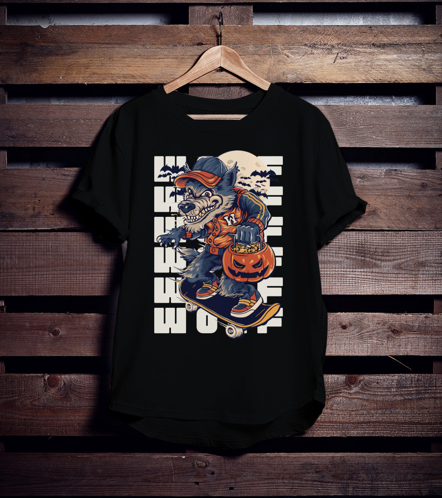 Wolf Trick-or-Treat Skateboarder With Pumpkin And Moon T-Shirt