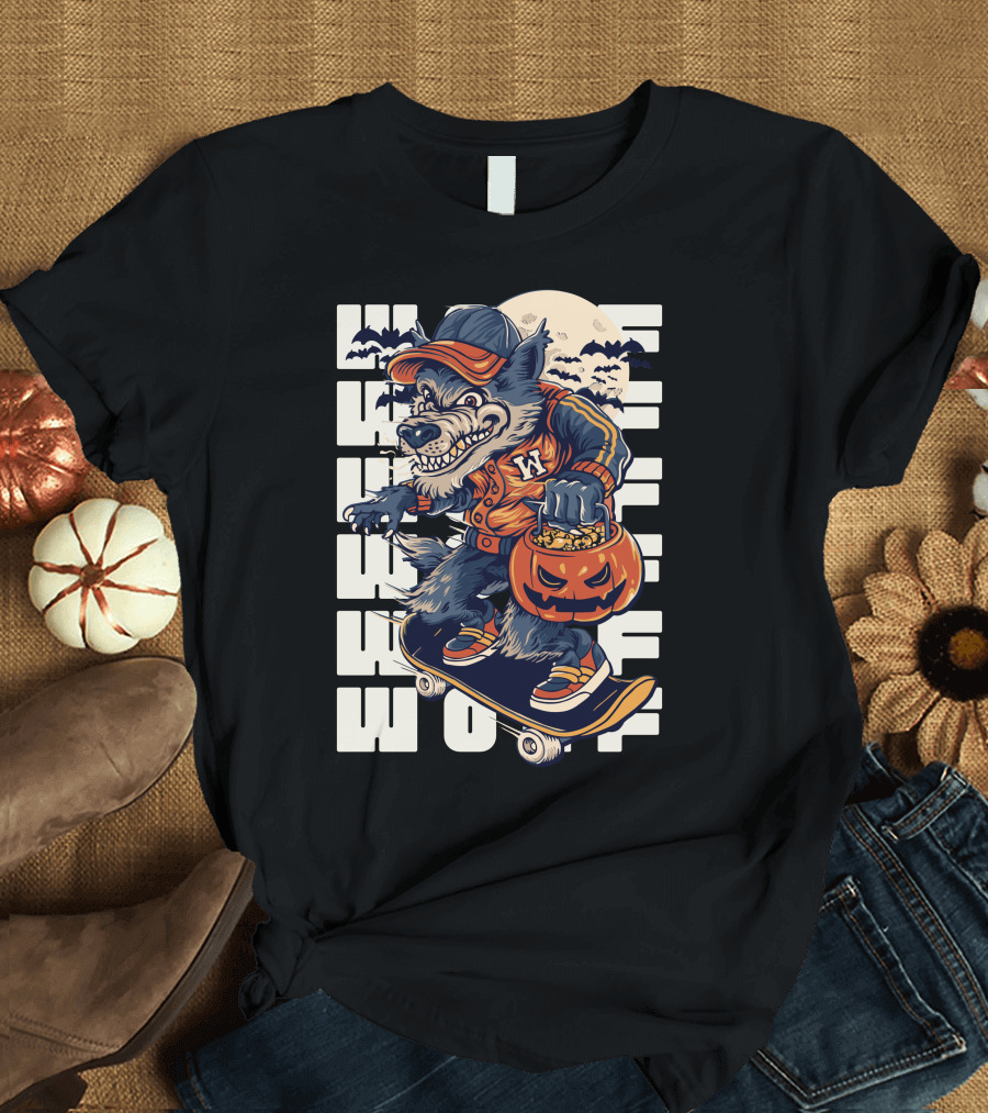 Wolf Trick-or-Treat Skateboarder With Pumpkin And Moon T-Shirt