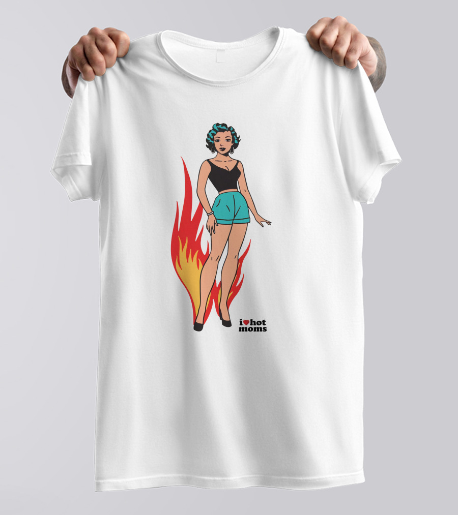 I Heart Hot Moms Vintage Comic Style Flame Background T-Shirt