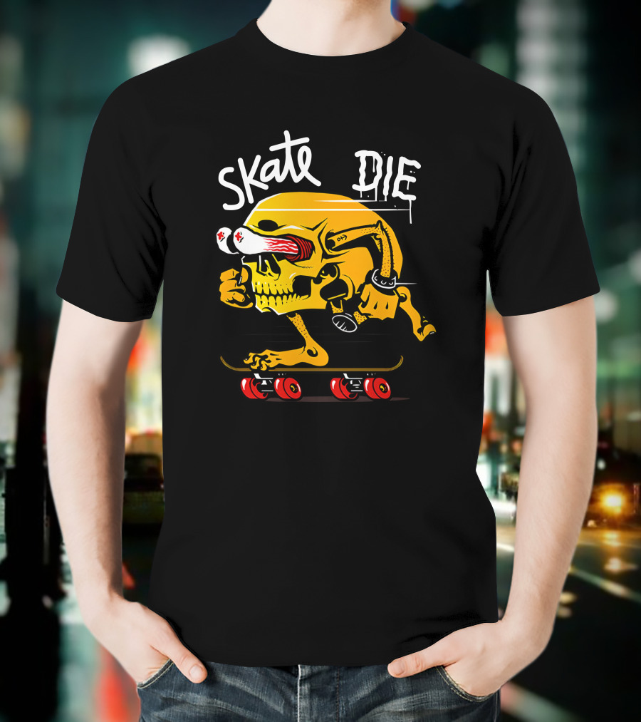 Skate Or Die Thrill-Seeking Skull On Skateboard T-Shirt