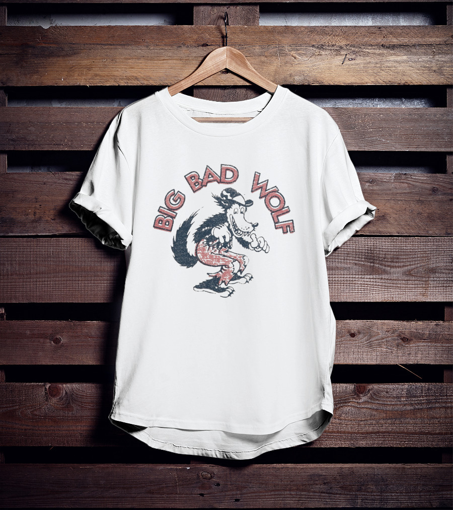 Big Bad Wolf Cartoon Character Walking In Red Pants And Hat T-Shirt
