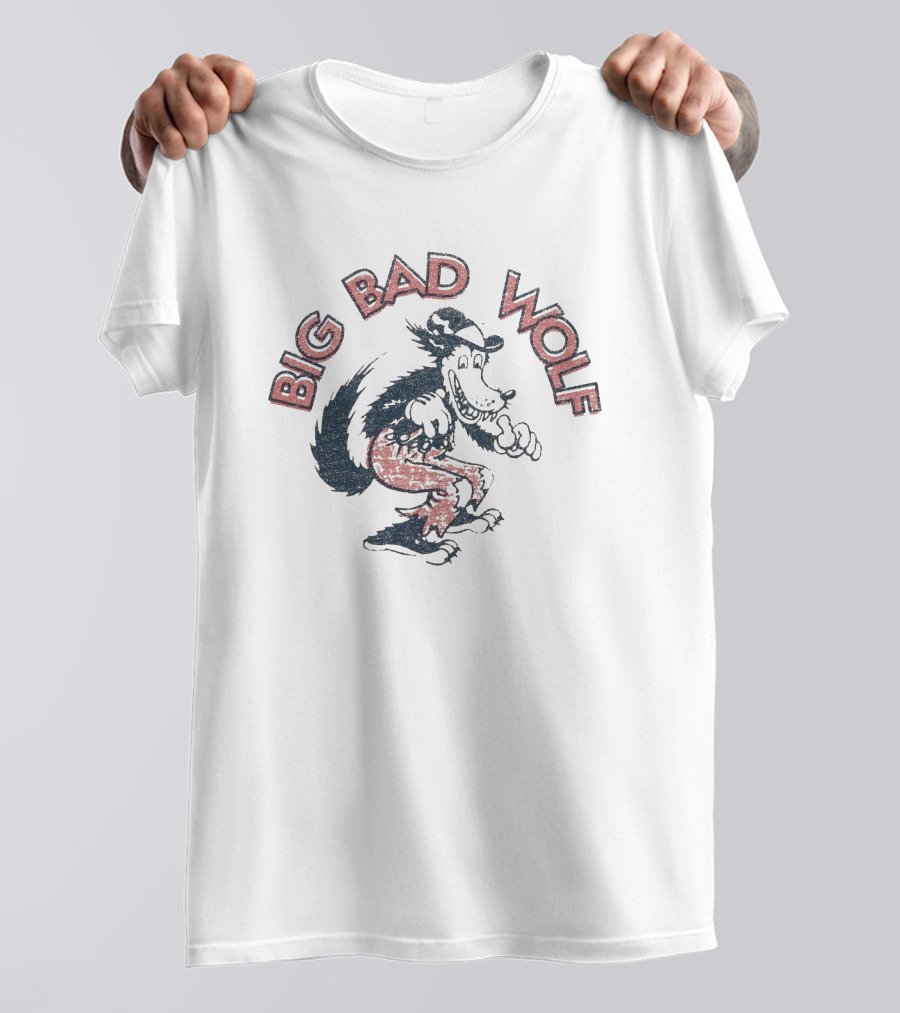 Big Bad Wolf Cartoon Character Walking In Red Pants And Hat T-Shirt