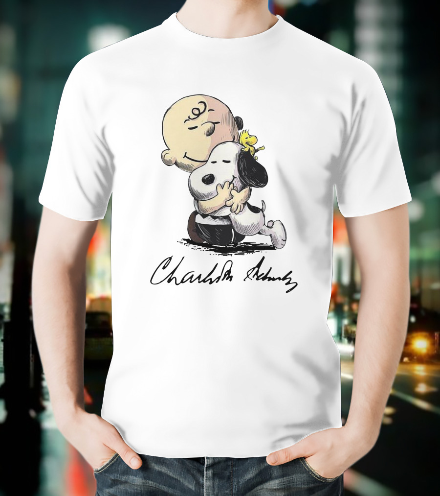 Peanuts Charlie Brown Snoopy Woodstock Hug By Charles Schulz T-Shirt