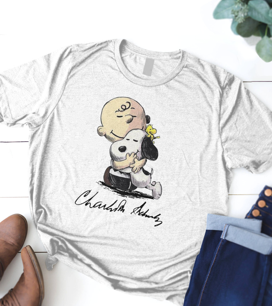 Peanuts Charlie Brown Snoopy Woodstock Hug By Charles Schulz T-Shirt