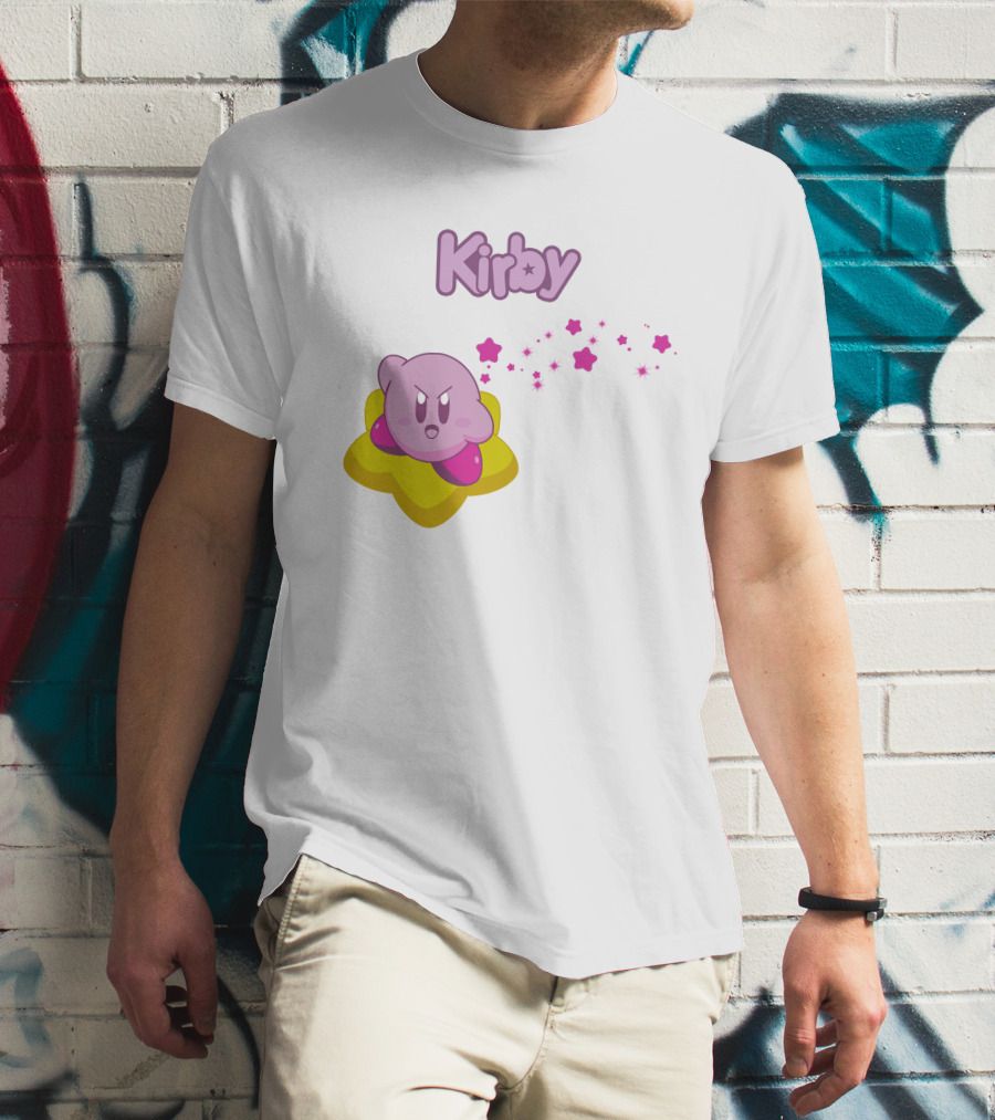 Kirby On Star With Pink Sparkling Stars Trail T-Shirt