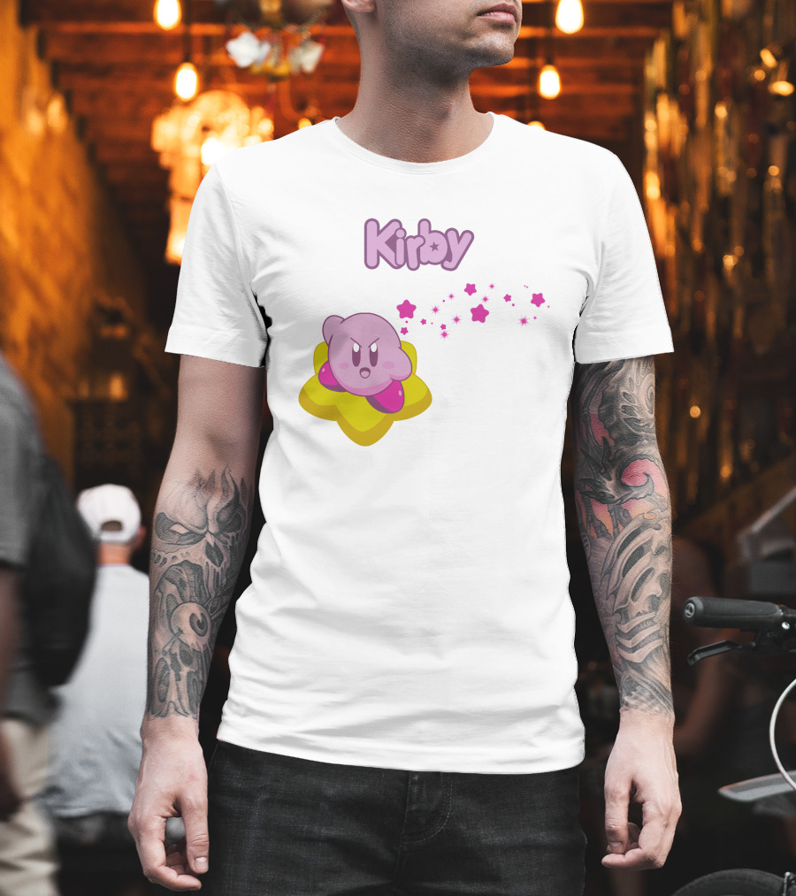 Kirby On Star With Pink Sparkling Stars Trail T-Shirt