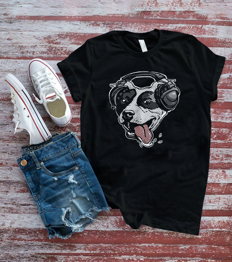 Cute Pit Bull Dog Wearing Music Headphones With Playful Expression T-Shirt