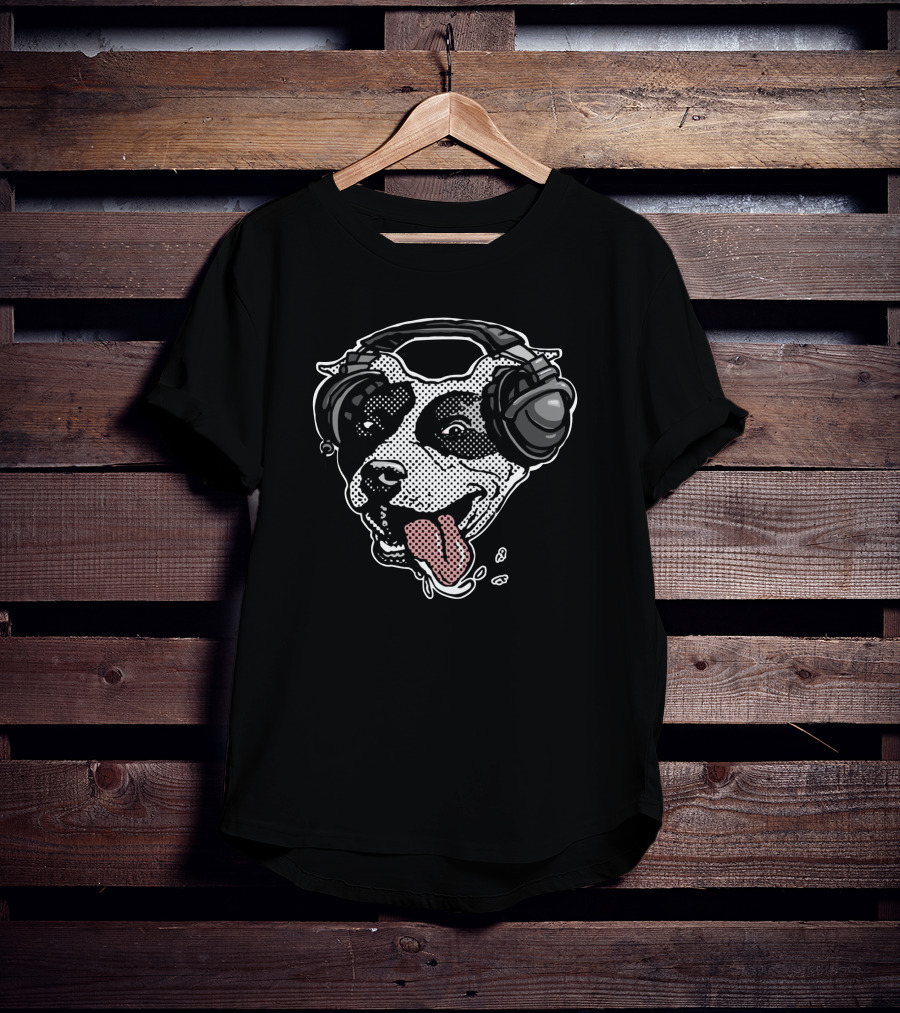 Cute Pit Bull Dog Wearing Music Headphones With Playful Expression T-Shirt