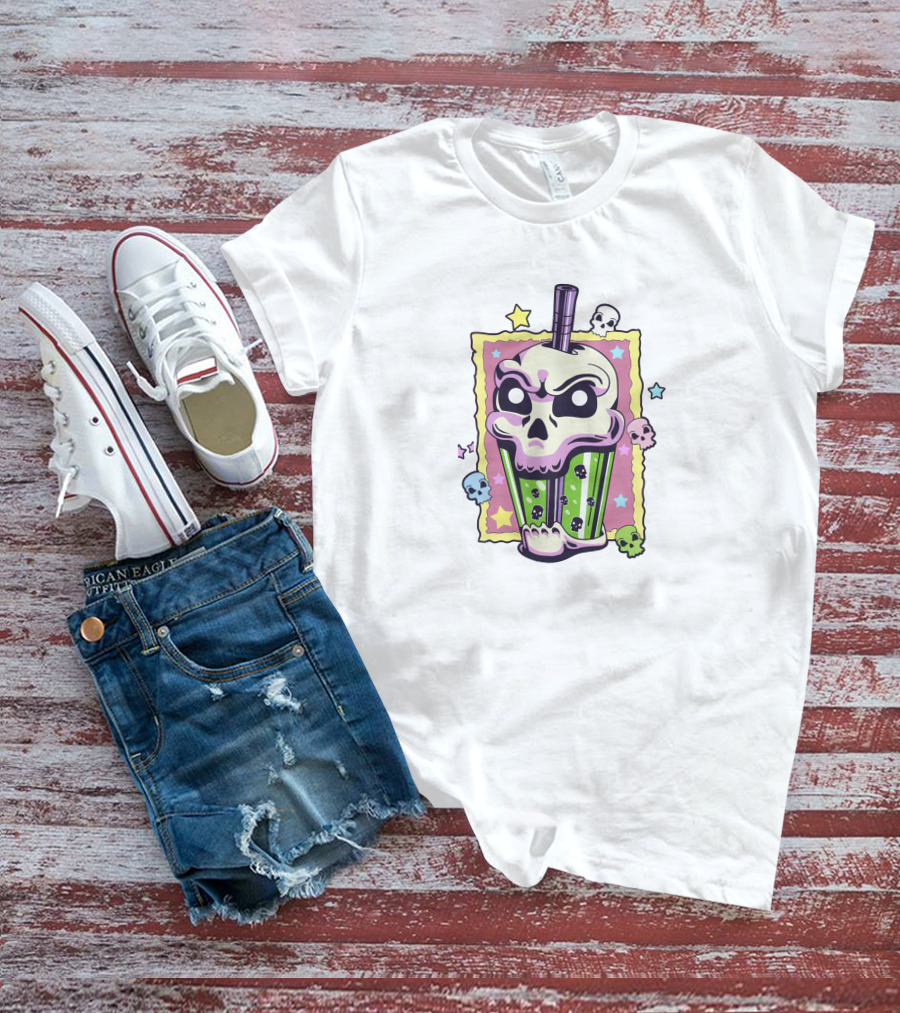 Kawaii Creepy Skull Boba Bubble Stars Pastel Skulls T-Shirt