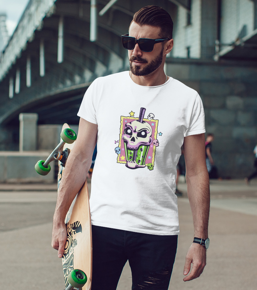 Kawaii Creepy Skull Boba Bubble Stars Pastel Skulls T-Shirt