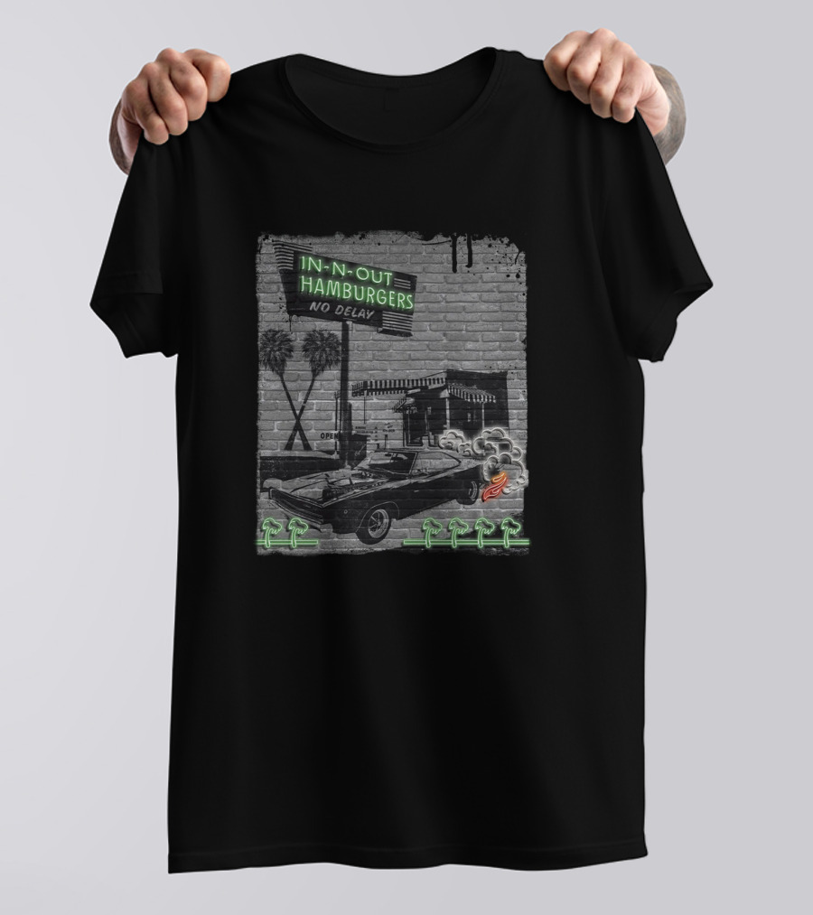 In-N-Out Hamburgers No Delay Neon Classic Car And Palm Trees T-Shirt