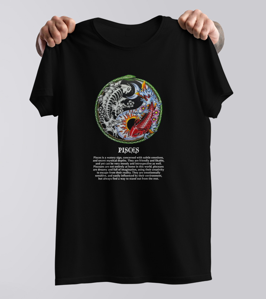 Pisces Koi Fish Yin Yang Floral Tattoo T-Shirt